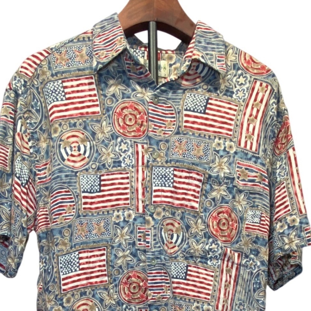 Campia Moda Mens American Flag‎ Rayon Short Sleeve Button Down Shirt Blue Red M